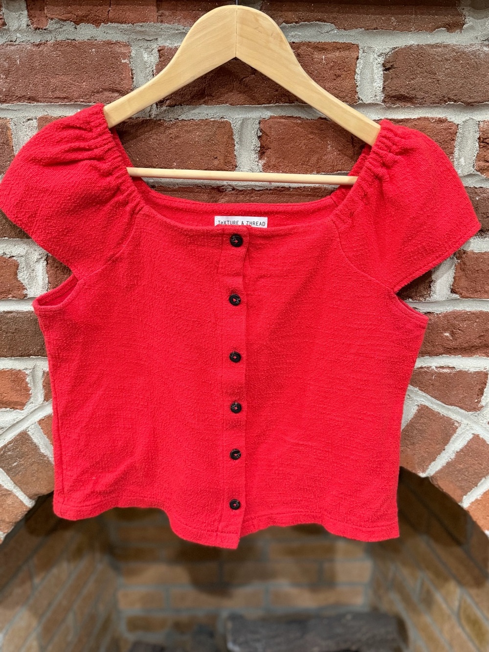 Madewell Red Puff-Sleeve Button Crop Top